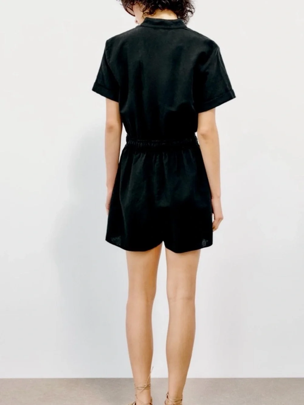 Zara linen blend black Romper with Drawstring Waist Size S